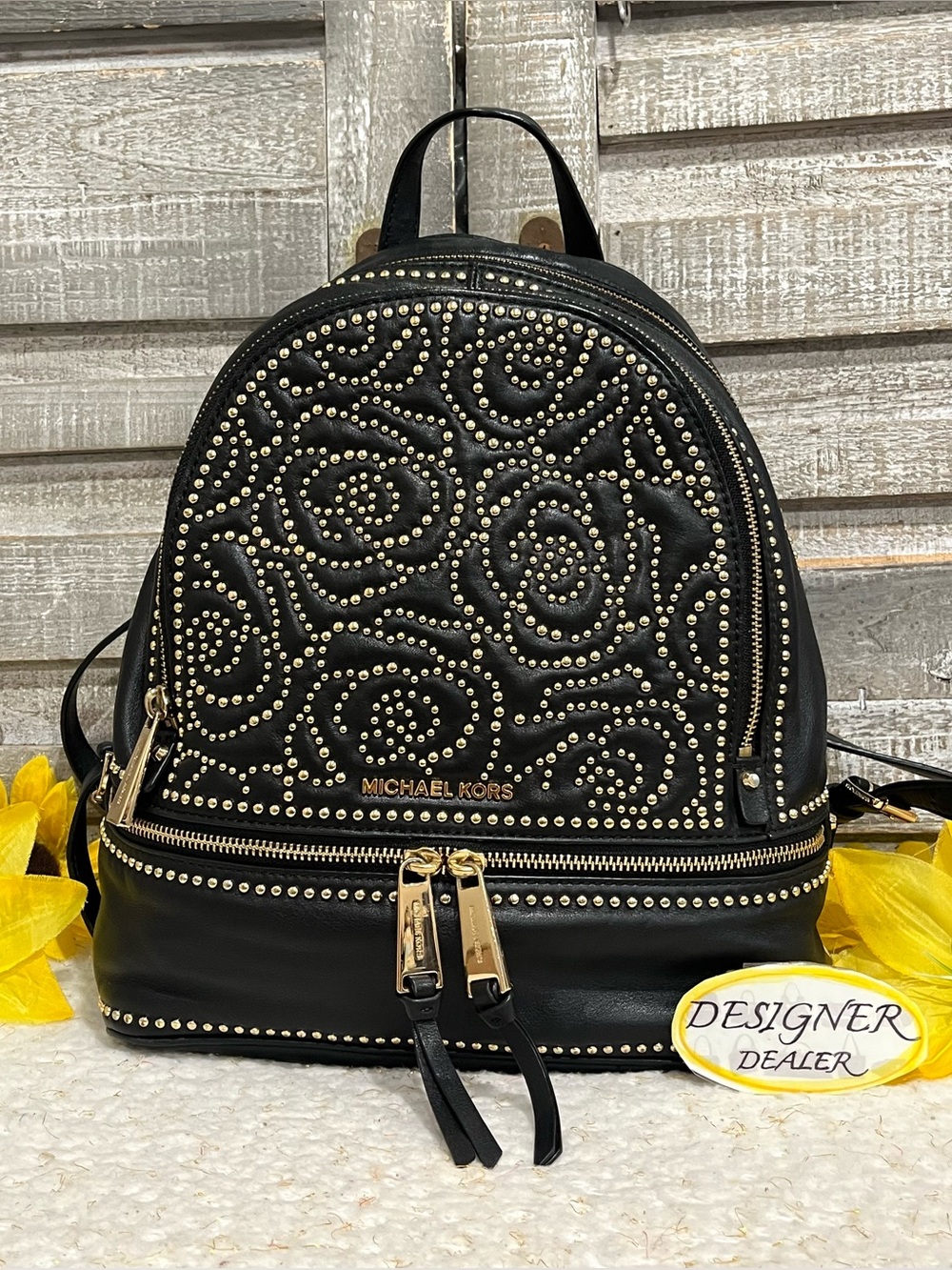 Michael Kors Rhea Rose Studded Black Leather Backpack VGC!